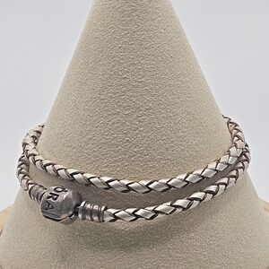 Pandora Sterling Silver Braided Leather Double Wrap Bracelet Champagne/Brown